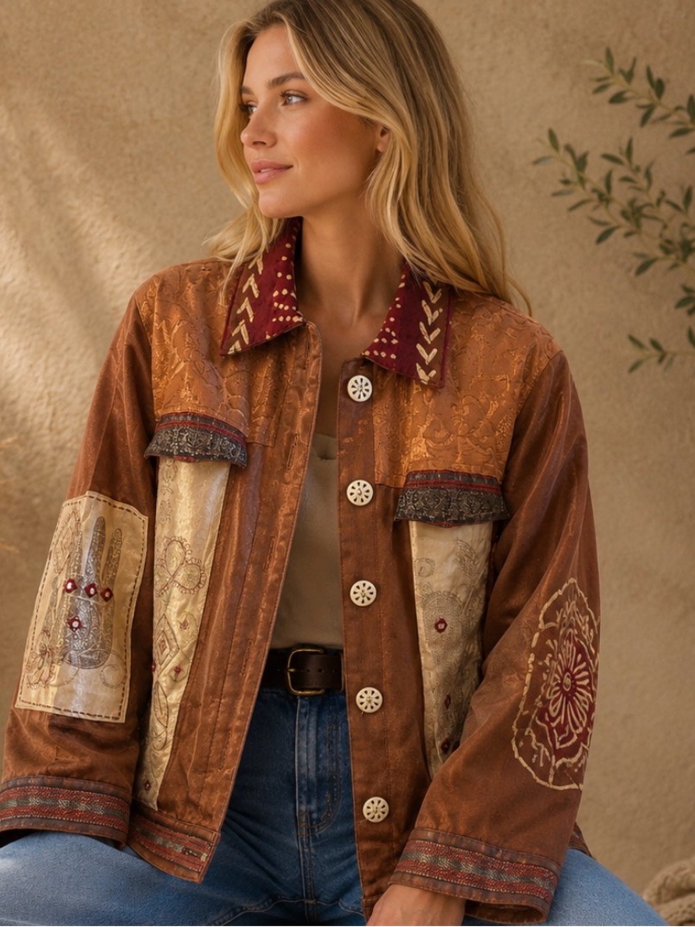 Vintage Embroidered Patchwork Boho Jacket in Rust & Cream